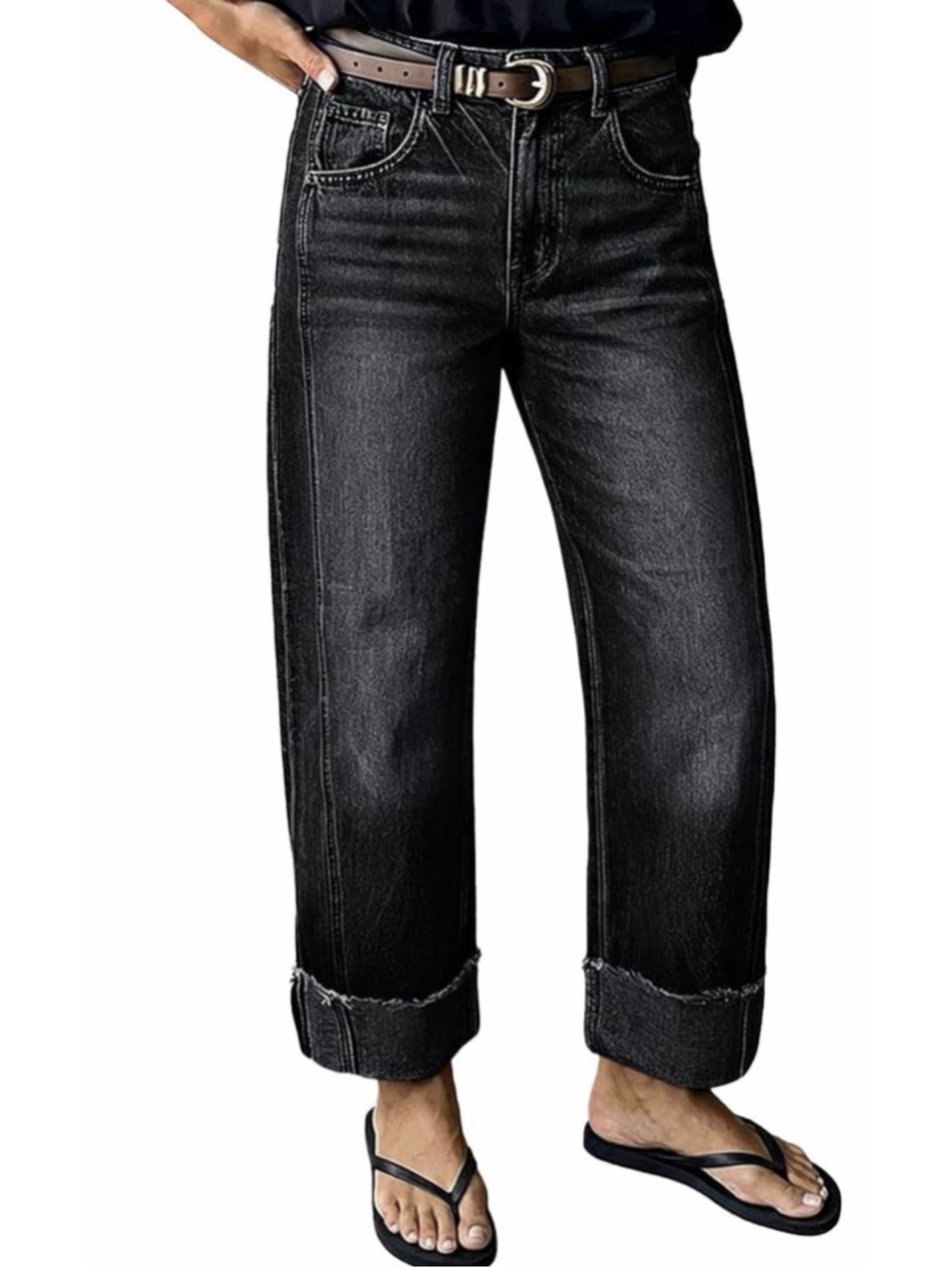 Flamingals Mid Rise Straight Leg Wash Seam Front Roll Jeans M